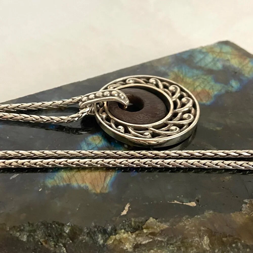 Brighton Katu Collection Silver Plated Round Wood Pendant Necklace 16
